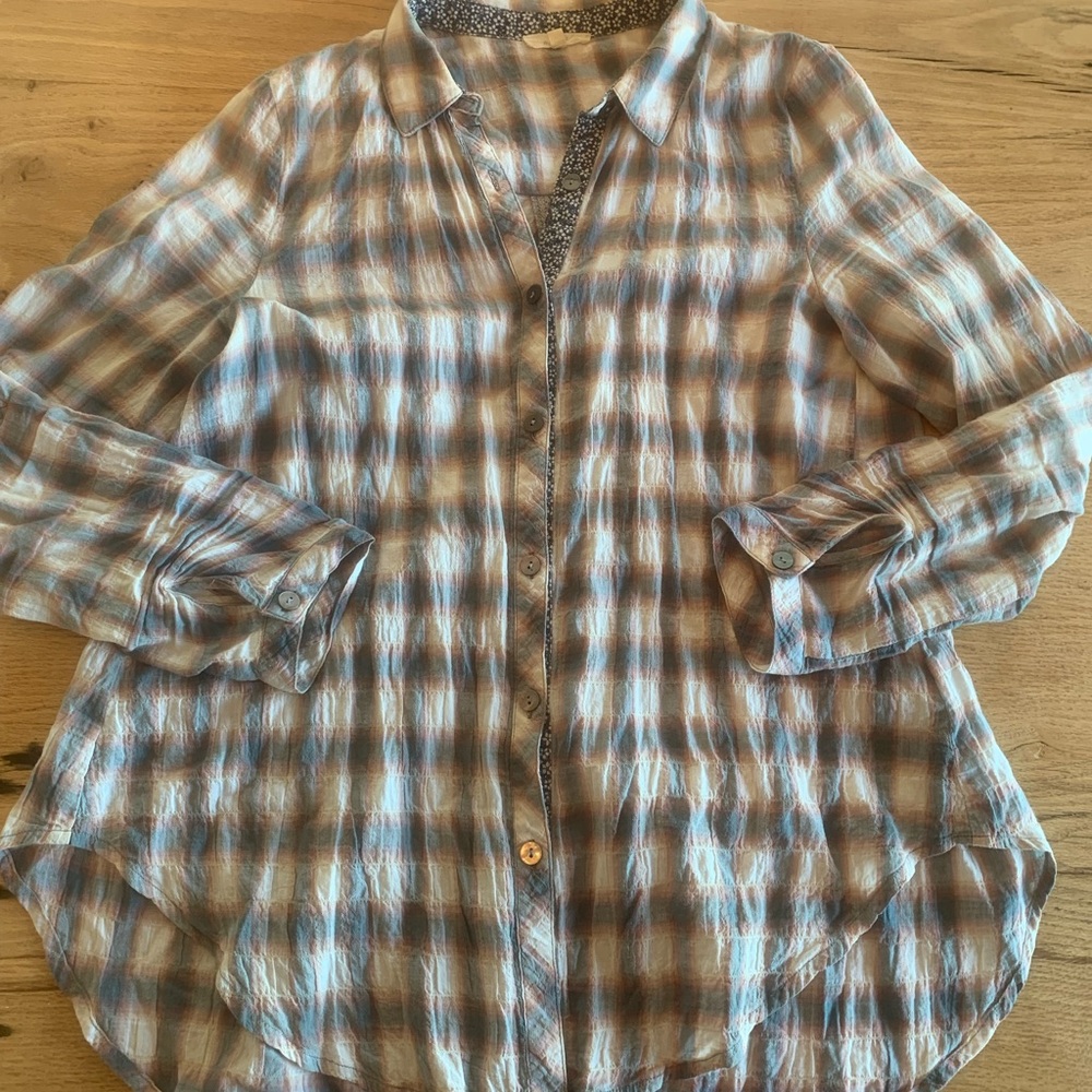 Mystree Plaid Flare Button Down Shirt Lace Insert Gray Tan Women’s Small prelove